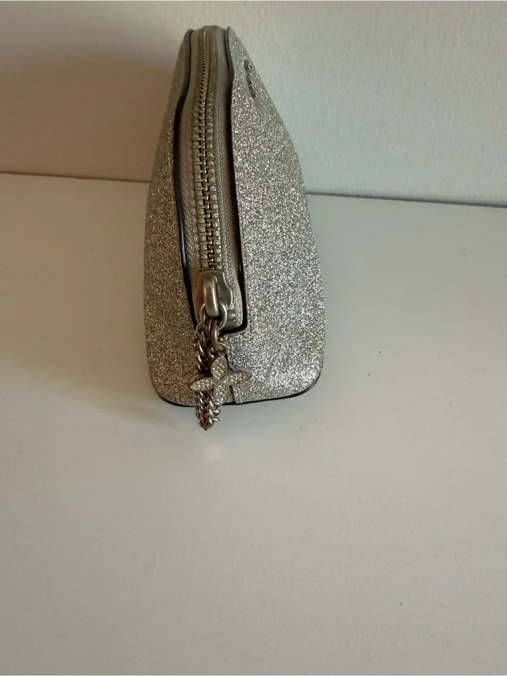 Michael Kors Silver Glitter Cosmetic Makeup Bag Travel Toiletry Zip Pouch Case